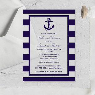 Nautical Anchor Navy Blue Stripe Rehearsal Dinner Acrylic Invitations