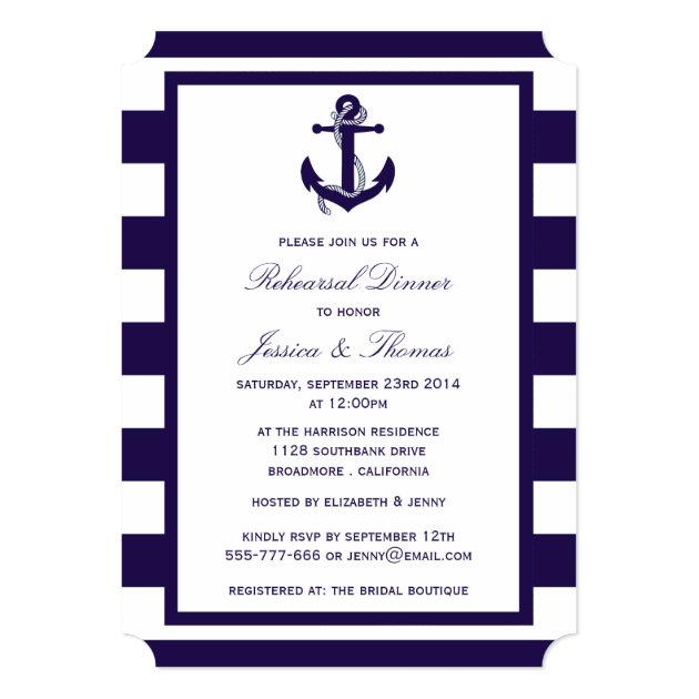 Nautical Anchor Navy Blue Stripe Rehearsal Dinner Invitation