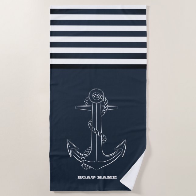 Nautical Anchor Navy Blue Stripe Sailor Beach Towel (Front)