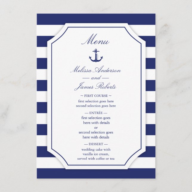 Nautical Anchor Navy Blue Stripe Wedding Menu (Front)