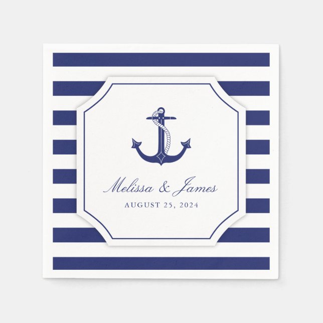 Nautical Anchor Navy Blue Stripe Wedding Napkins (Front)
