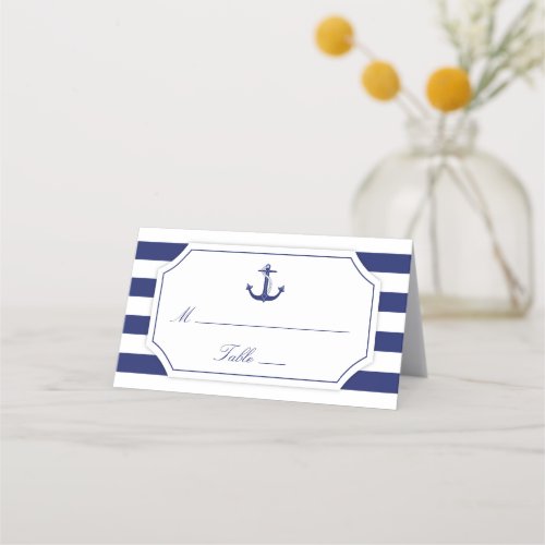Nautical Anchor Navy Blue Stripe Wedding Place Card