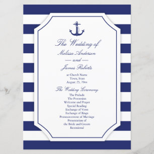 Nautical Anchor Navy Blue Stripe Wedding Program