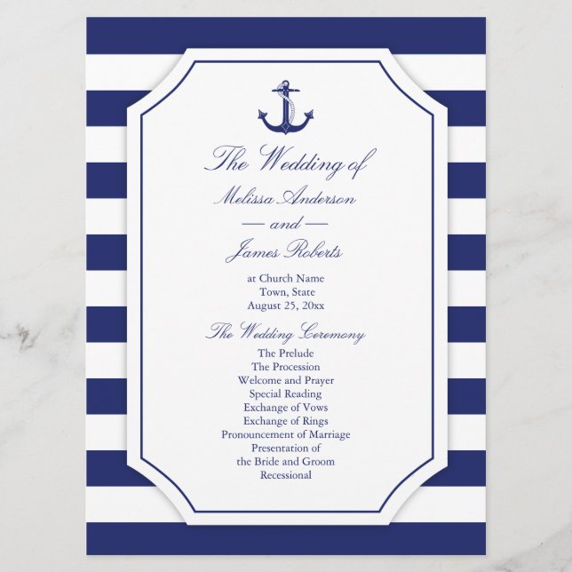 Nautical Anchor Navy Blue Stripe Wedding Program (Front)