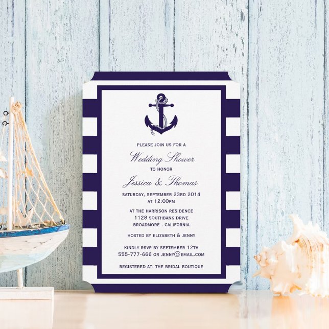 Nautical Anchor Navy Blue Stripe Wedding Shower Invitation (Creator Uploaded)