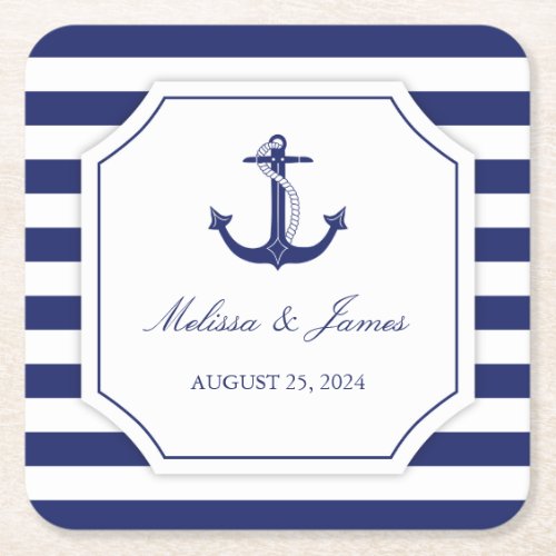 Nautical Anchor Navy Blue Stripe Wedding Square Paper Coaster