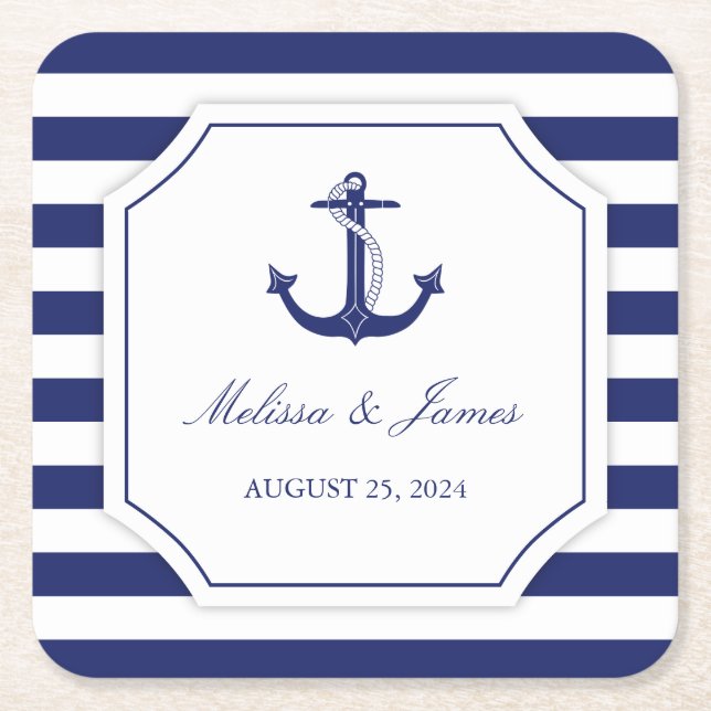 Nautical Anchor Navy Blue Stripe Wedding Square Paper Coaster (Front)