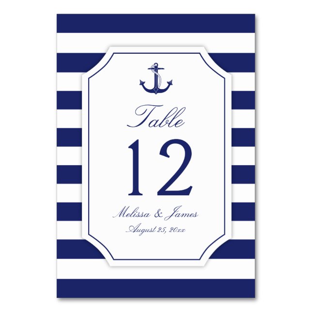 Nautical Anchor Navy Blue Stripe Wedding Table Number (Front)