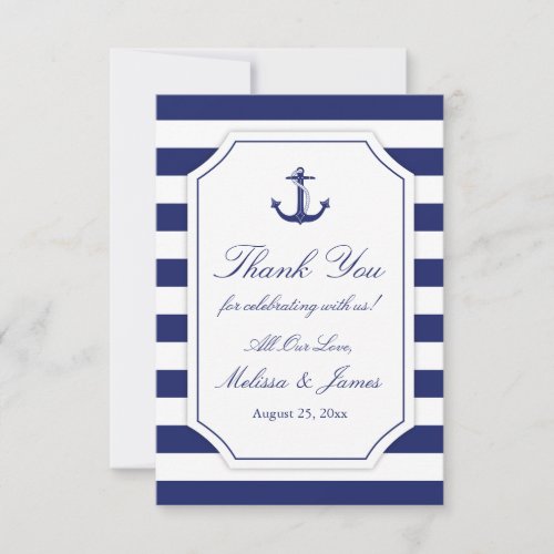 Nautical Anchor Navy Blue Stripe Wedding Thank You