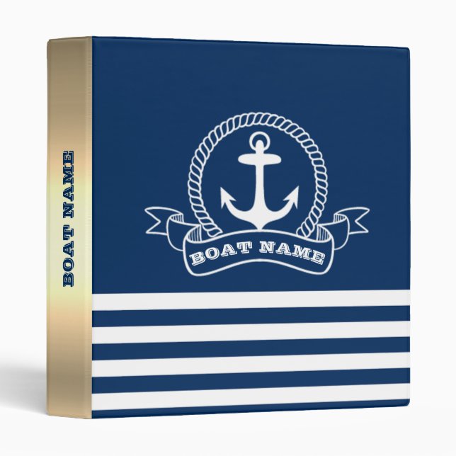 Nautical Anchor  Navy Blue Striped 3 Ring Binder (Front/Spine)