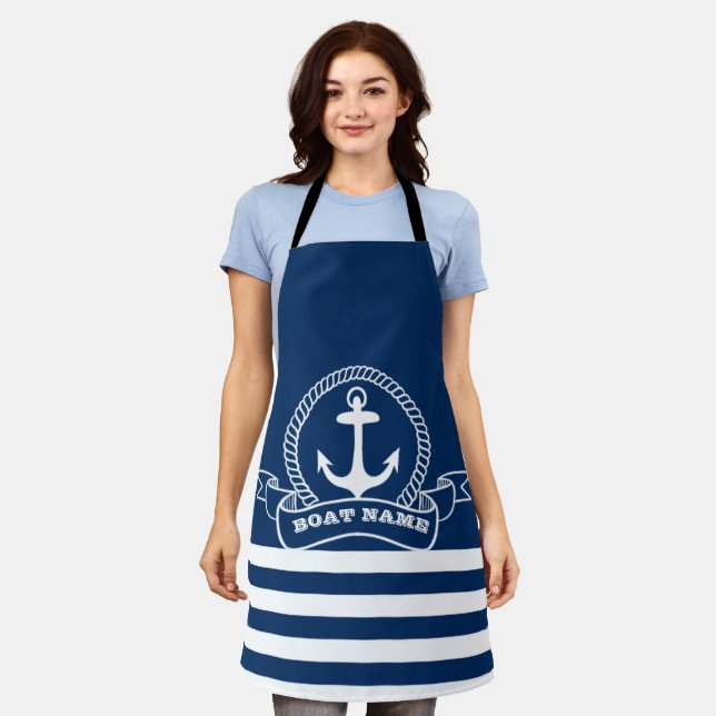 Nautical Anchor Navy Blue Striped   Apron (Worn)
