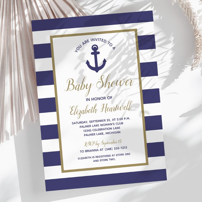 Nautical Anchor Navy Blue Striped Boy Baby Shower Invitation (Creator Uploaded)