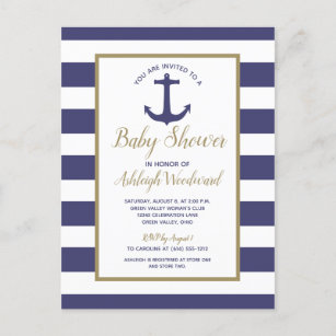 Nautical Anchor Navy Blue Striped Boy Baby Shower Invitation Postcard