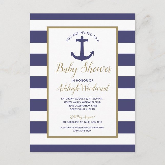 Nautical Anchor Navy Blue Striped Boy Baby Shower Invitation Postcard (Front)