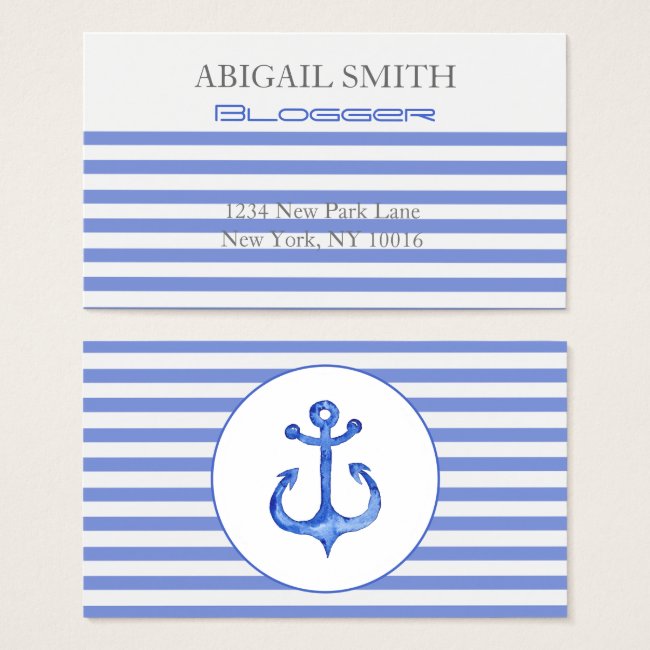 Nautical Anchor - Navy Blue Striped Business Cards