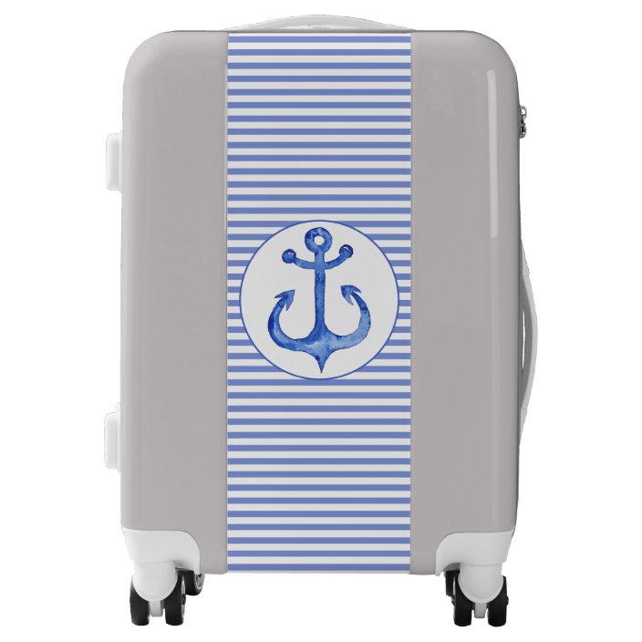 blue and white striped suitcase