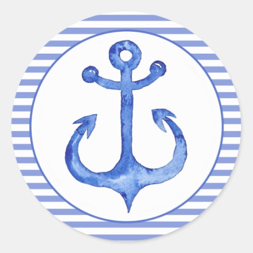 Nautical Anchor _ Navy Blue Striped Classic Round Sticker