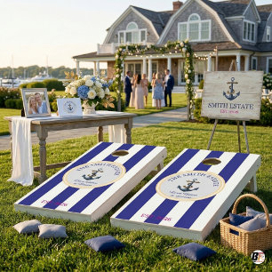 Nautical Anchor Navy Blue Striped Family Name Cust Cornhole Set