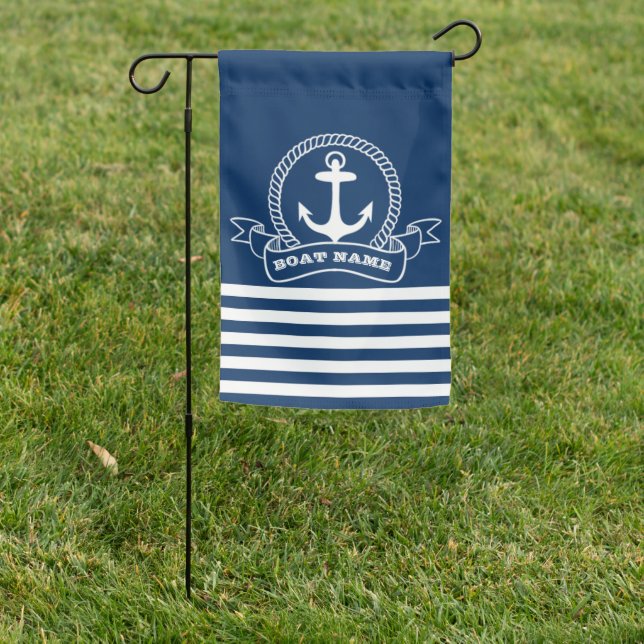 Nautical Anchor Navy Blue Striped  Garden Flag (In SItu)