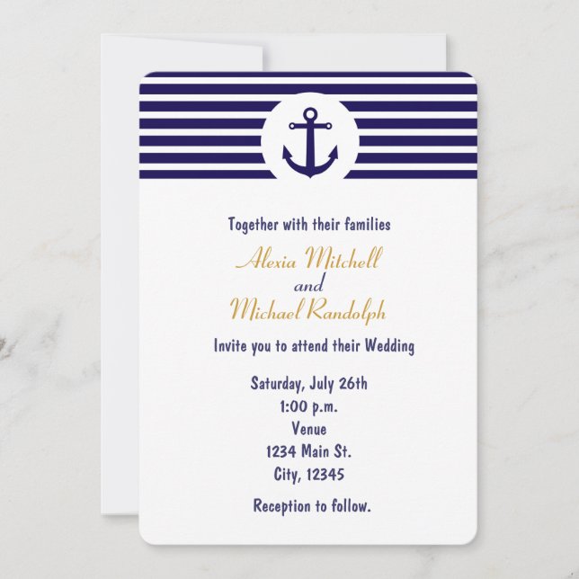 Nautical Anchor Navy Blue Striped Invitation (Front)