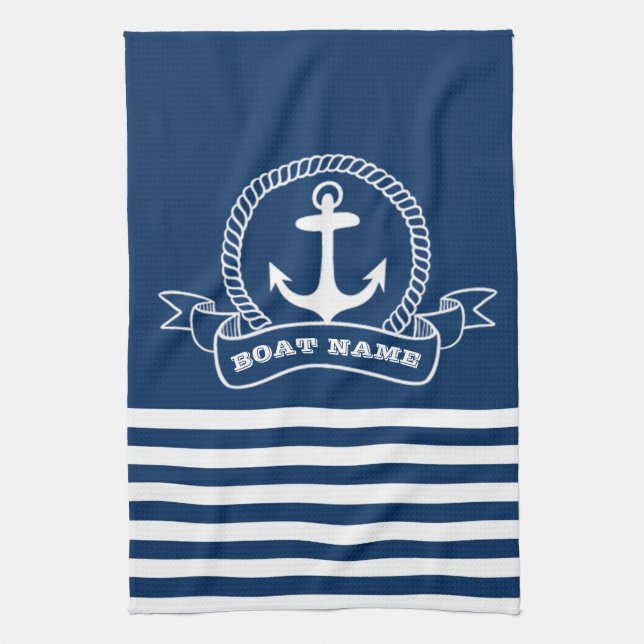 Nautical Anchor Navy Blue Striped  Kitchen Towel (Vertical)