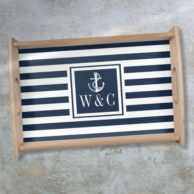Nautical Anchor Navy Blue Striped Monogram Serving Tray (Nautical Anchor Navy Blue Striped Monogram Serving Tray)
