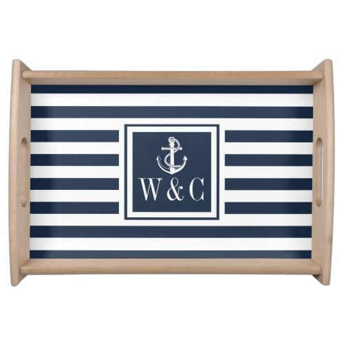 Nautical Anchor Navy Blue Striped Monogram Serving Tray