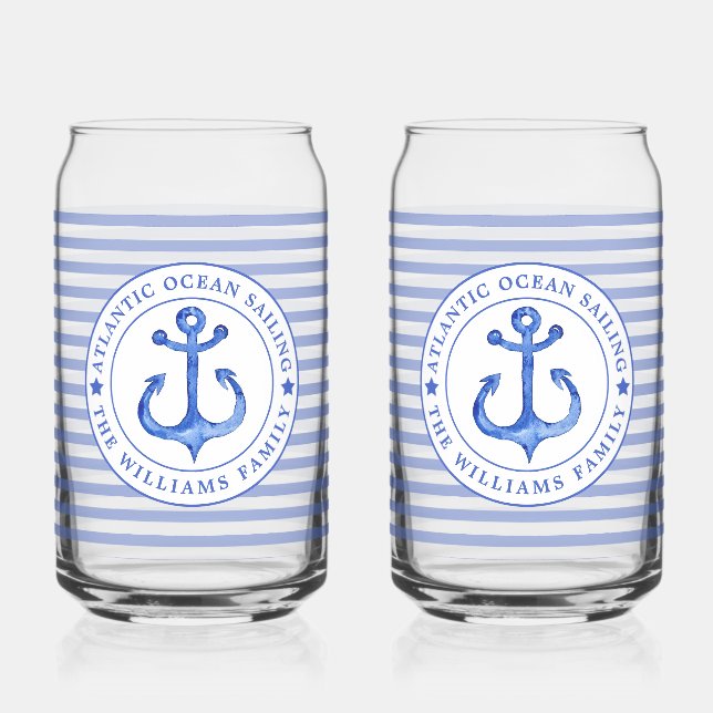 Nautical Anchor Navy Blue Striped Personalized Can Glass (Front)