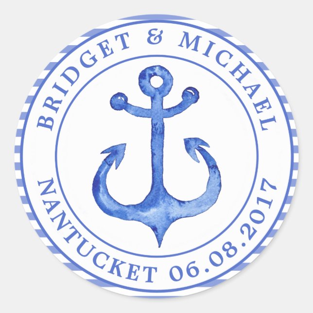 Nautical Anchor - Navy Blue Striped Personalized Classic Round Sticker (Front)