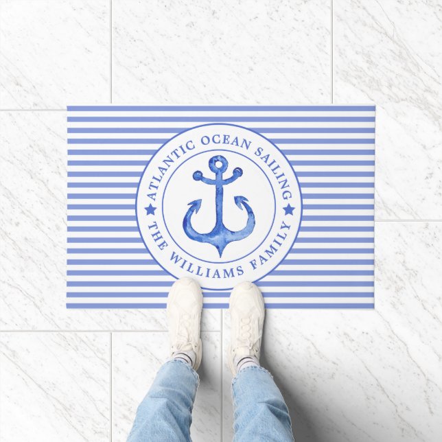 Nautical Anchor Navy Blue Striped Personalized Doormat (Indoor)