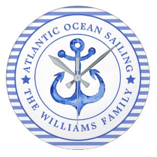 Nautical Anchor Navy Blue Striped Personalized Large Clock