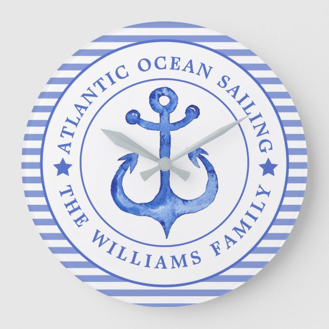 Nautical Anchor Navy Blue Striped Personalized Large Clock (Front)