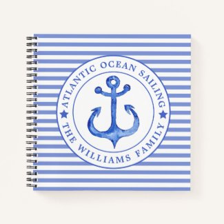 Nautical Anchor Navy Blue Striped Personalized Notebook