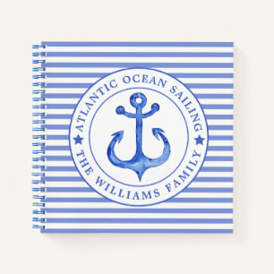 Nautical Anchor Navy Blue Striped Personalized Notebook