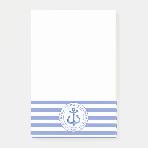 Nautical Anchor Navy Blue Striped Personalized Post_it Notes