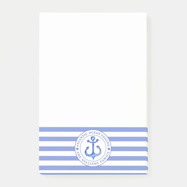 Nautical Anchor Navy Blue Striped Personalized Post-it Notes (Front)