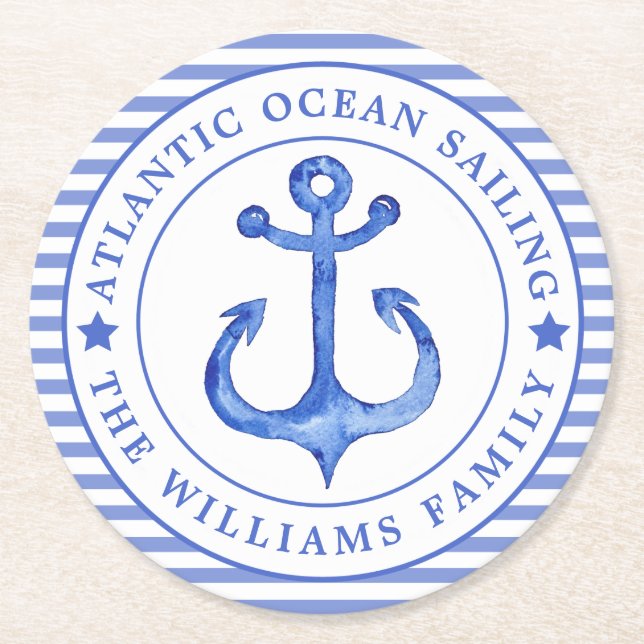 Nautical Anchor Navy Blue Striped Personalized Round Paper Coaster (Front)