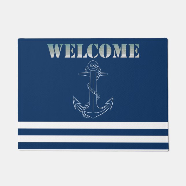 Nautical Anchor Navy Blue Striped Sailor Doormat (Front)