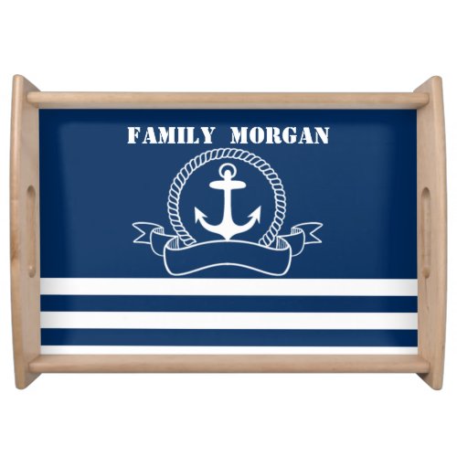 Nautical Anchor Navy Blue Striped  Serving Tray