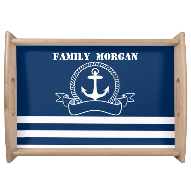 Nautical Anchor Navy Blue Striped  Serving Tray (Front)