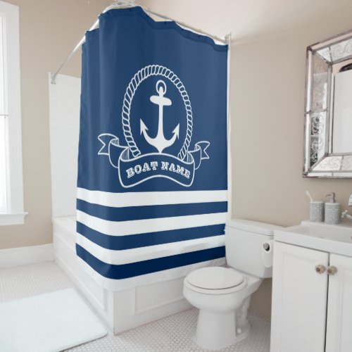 Nautical Anchor Navy Blue Striped Shower Curtain