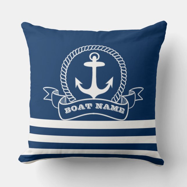 Nautical Anchor Navy Blue Striped  Throw Pillow (Front)