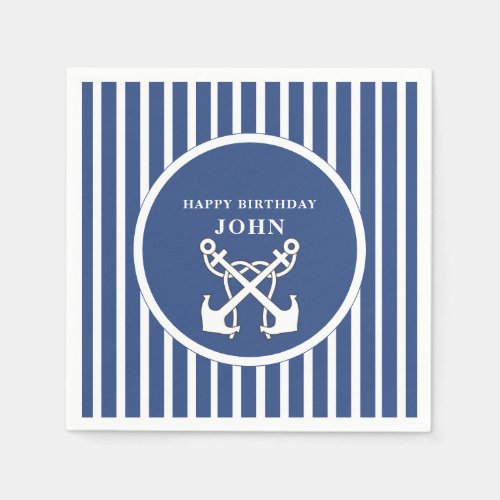 Nautical Anchor Navy Blue Stripes Birthday  Invita Napkins