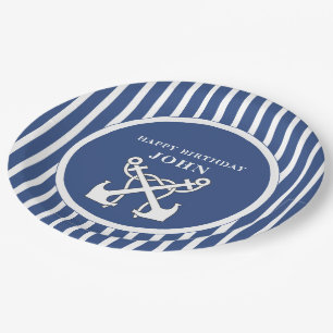Nautical Anchor Navy Blue Stripes Birthday  Invita Paper Plates