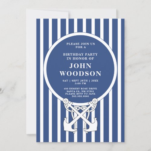 Nautical Anchor Navy Blue Stripes Birthday Invitation