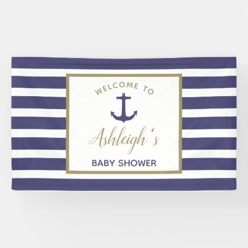 Nautical Anchor Navy Blue Stripes Boy Baby Shower Banner