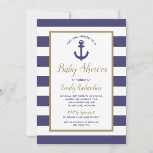Nautical Anchor Navy Blue Stripes Boy Baby Shower Invitation