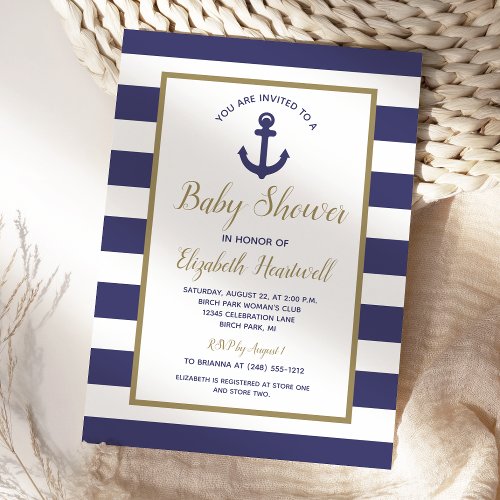 Nautical Anchor Navy Blue Stripes Boy Baby Shower Invitation