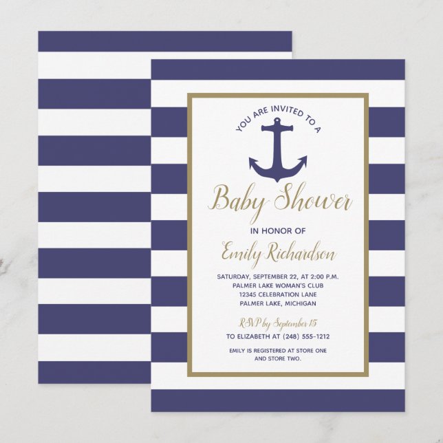 Nautical Anchor Navy Blue Stripes Boy Baby Shower Invitation (Front/Back)