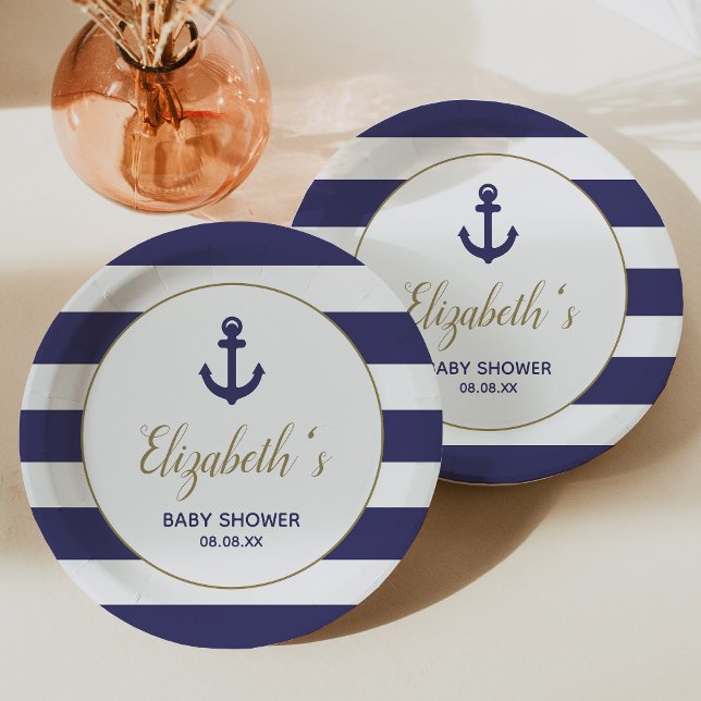 Nautical Anchor Navy Blue Stripes Boy Baby Shower Paper Plates (Creator Uploaded)
